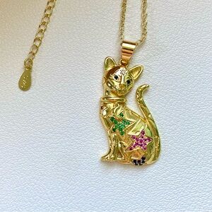 Gold Cat Pendant Necklace with Green & Pink Accents